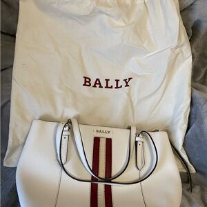 Bally White Leather Tote with Red Center Stripes